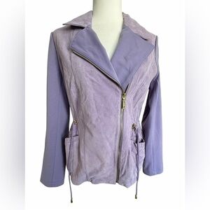 IMAN Genuine Suede Leather Moto Jacket Lilac Purple Lavender Knit Sleeve S NWOT
